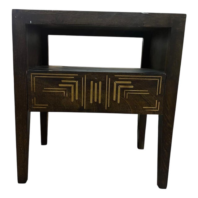 Vintage Geometric Inlay Wood Side Table With Drawer For Sale