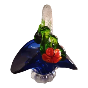 1980s Cobalt Blue Art Glass Basket Vase With Pink Applied Flowers