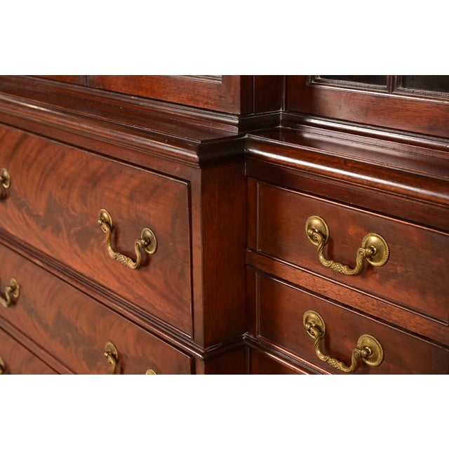 Baker Furniture Style Georgian Flame Mahogany Breakfront Bookcase Cabinet With Drop Front Secretary Desk For Sale - Image 11 of 16