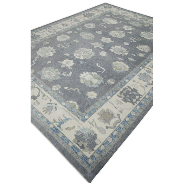 Early 21st Century Early 21st Century Gray & Blue Floral Design Handwoven Wool Turkish Oushak Rug 9' X 11'10" For Sale - Image 5 of 8