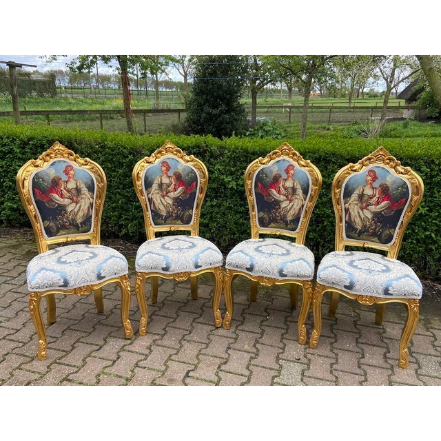 1980s 1980 French Louis XVI Gold Beech Damask Dining Chairs - 4 Pc For Sale - Image 5 of 9