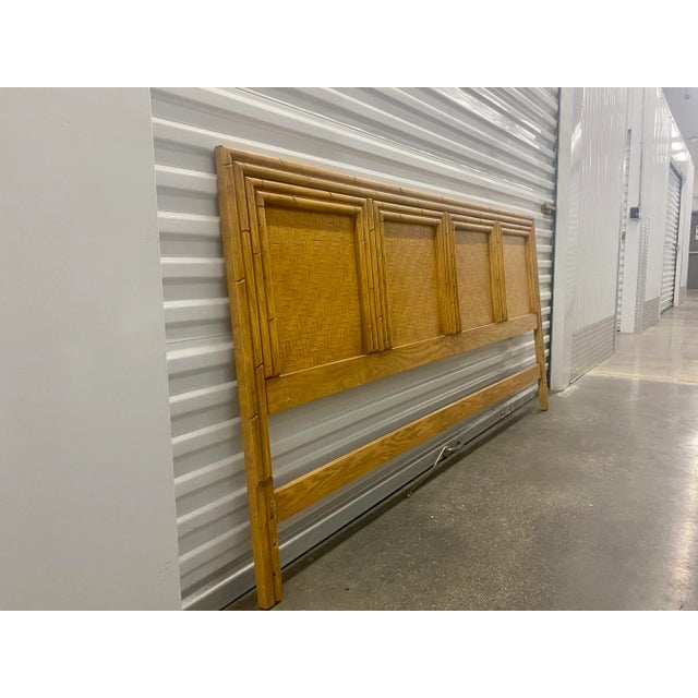 Veneers Split Reed rattan panel and faux bamboo king size headboard , original tan color finish .