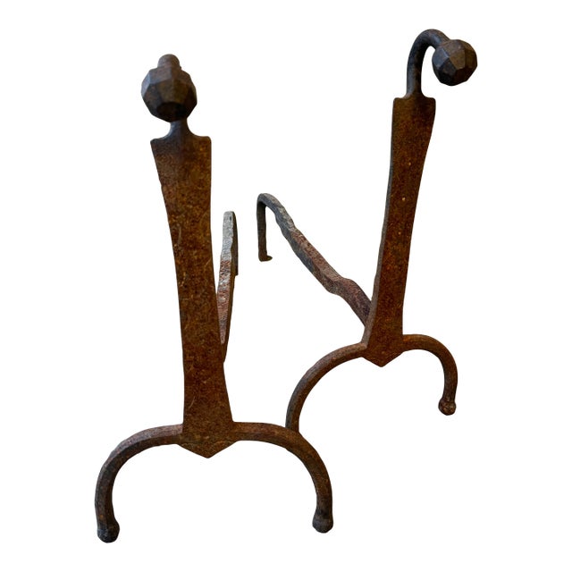 Rustic 18th Century Colonial Andirons- a Pair For Sale