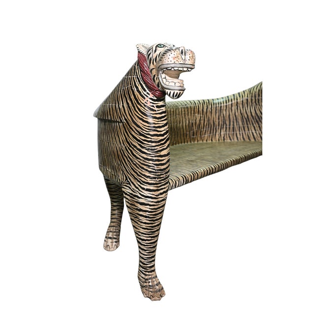 This striking vintage wooden bench is masterfully carved in the form of a Tiger, complete with a sculpted head and tail,...