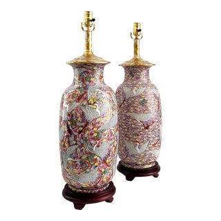 Restored Large Vintage Porcelain Asian Oriental Chinese "Thousand Cranes" Table Lamps Metallic Gold - a Pair For Sale