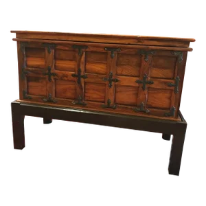1960s Vintage Spanish Walnut Hinged Lid Trunk With Black Metal Handles