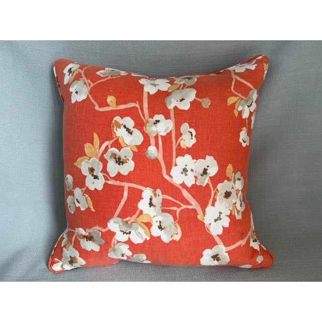 Chinoiserie Pair of Custom Made Orange Cherry Blossom Accent Pillows With Feather Inserts For Sale - Image 3 of 12