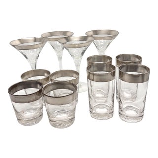 1950s Dorothy Thorpe Silver Band Barware Set -Martini Highball Lowball Glasses - 12 Pieces For Sale