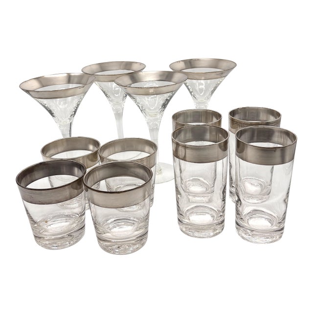 1950s Dorothy Thorpe Silver Band Barware Set -Martini Highball Lowball Glasses - 12 Pieces For Sale