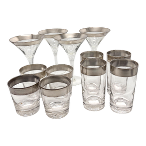 1950s Dorothy Thorpe Silver Band Barware Set -Martini Highball Lowball Glasses - 12 Pieces