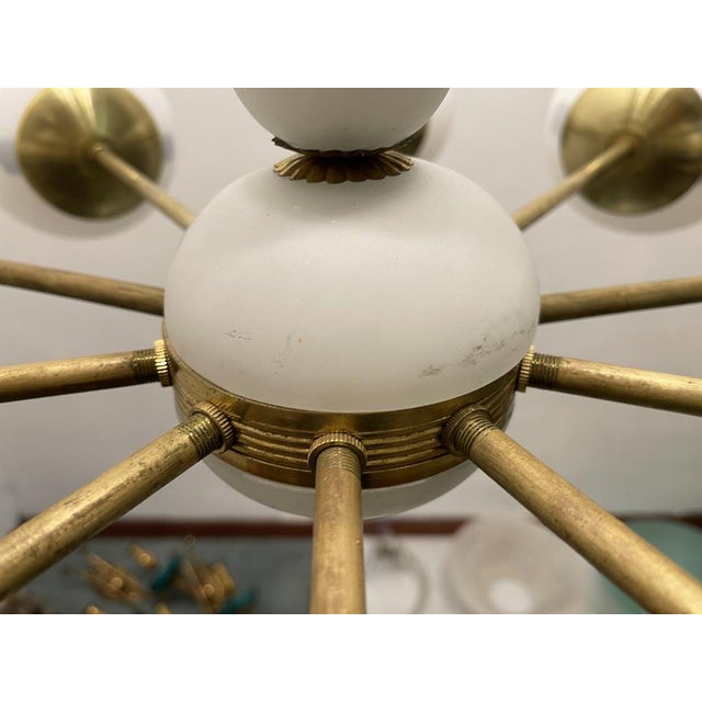 Sputnik 10-Light Chandelier in Opaline Glass and Brass, 1960s For Sale - Image 9 of 13