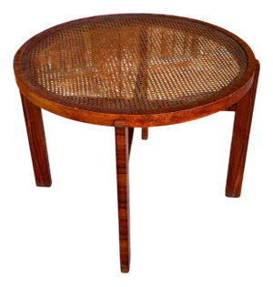 Vintage Art Deco Round Side Table with Cane Top and Walnut Wooden Frame, 1930s