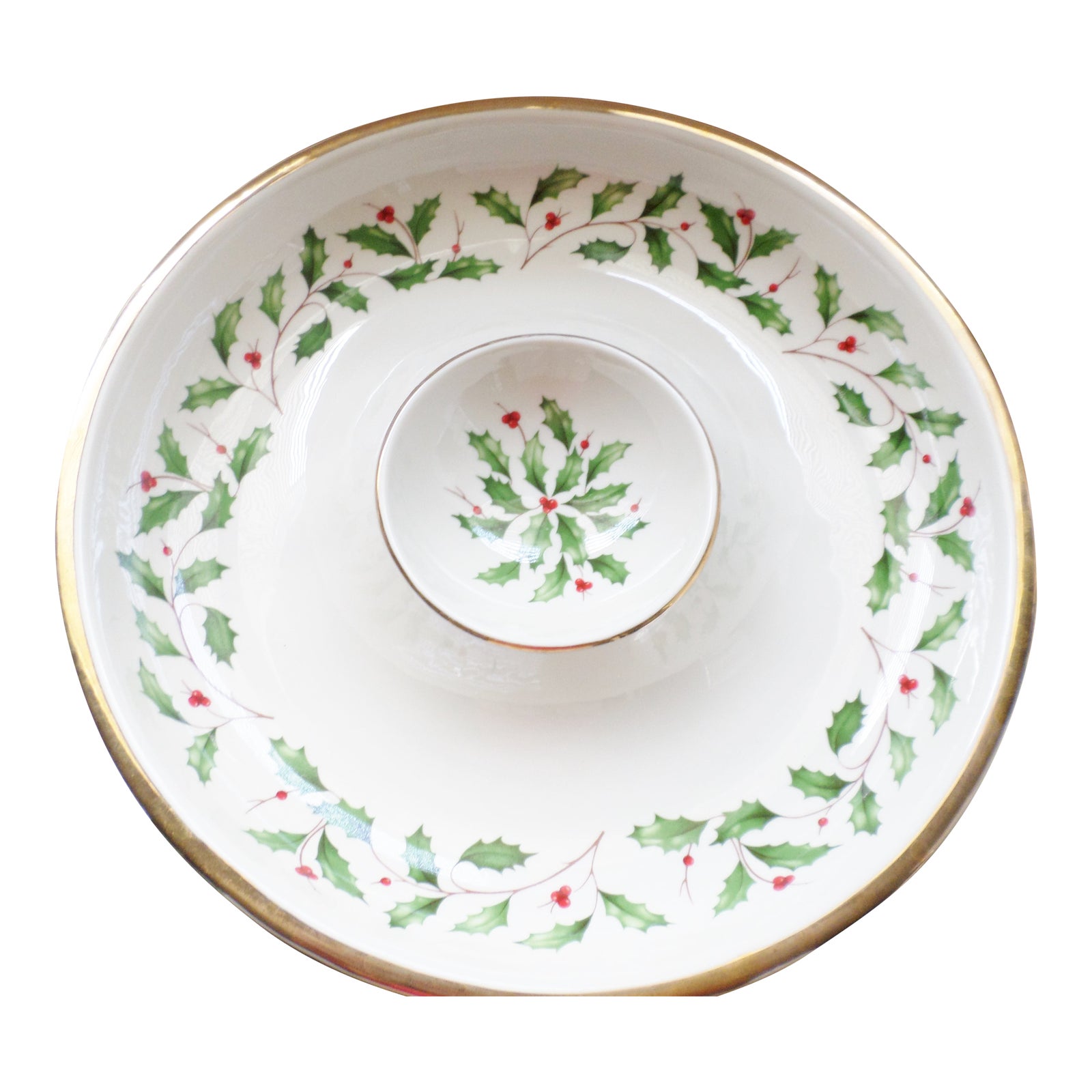 Lenox Xmas Holiday Chip Dip Serving Dish Seafood Holly W Gold Trim Nib