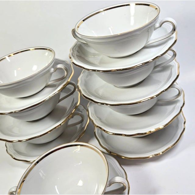 Early 20th Century Gold Rimmed Cream Soup Cup and Saucer Set- Set of Sixteen For Sale - Image 5 of 12