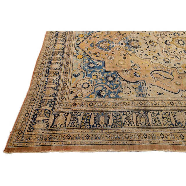 Late 19th Century Antique Persian Tabriz Handmade Medallion Motif Blue and Beige Wool Rug For Sale - Image 5 of 11