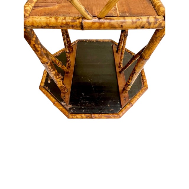 Antique Scorched Bamboo Chinoiserie Side Table With Hand-Painted Lacquer Top, Early 20th Century For Sale - Image 9 of 18