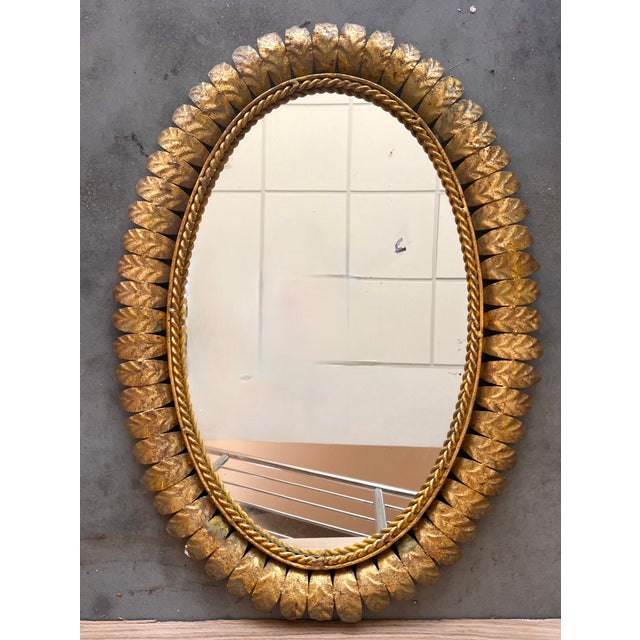 Mid-Century Modern 1950s Sunburst Oval Mirror in Gilt Metal For Sale - Image 3 of 6