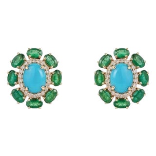 Retro 6.53ct Turquoise Emerald & Diamond Floral Stud Earrings in 14k Gold- 2 Pieces For Sale