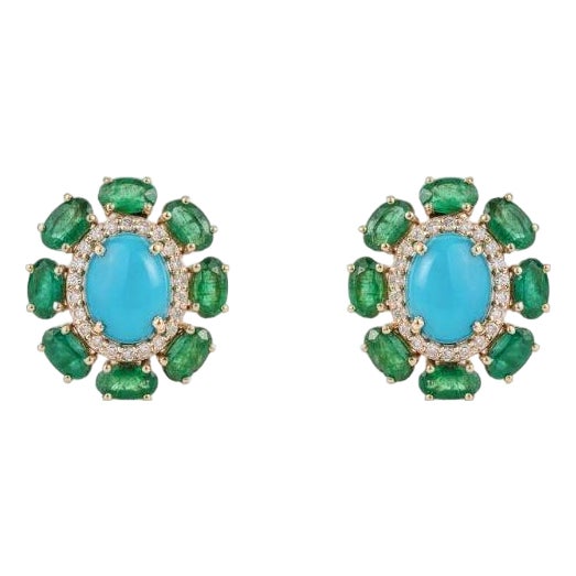 Retro 6.53ct Turquoise Emerald & Diamond Floral Stud Earrings in 14k Gold- 2 Pieces For Sale