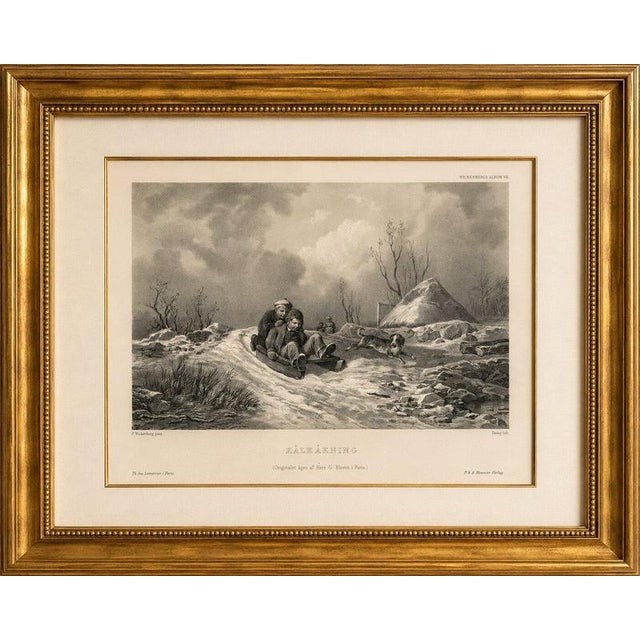 Title: Kälkåkning, Swedish Winter Children Sledding Lithograph by Pehr Wickenberg : An original nineteenth-century Swedish...