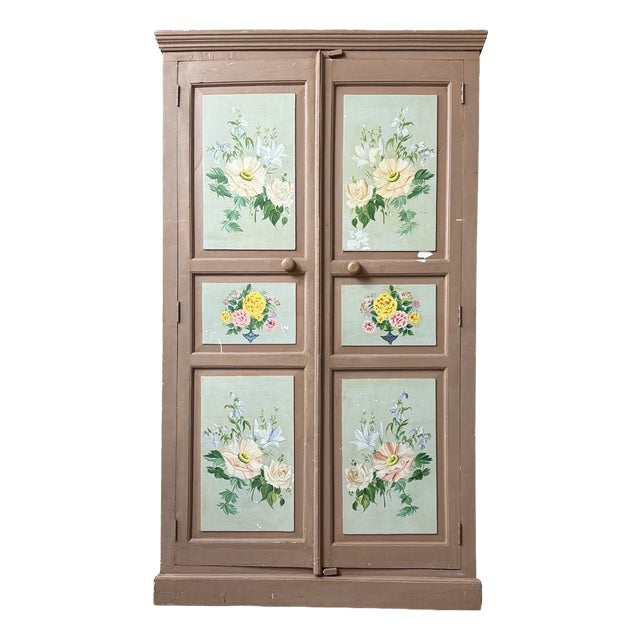 Large Antique Wardrobe with Floral Painted Decoration, 1890s For Sale