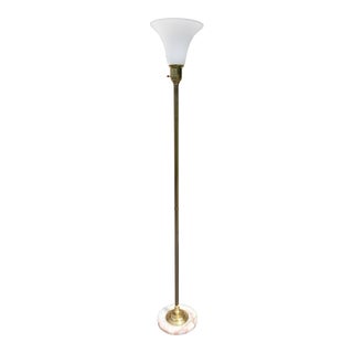 1970s Torchiere Brass Floor Lamp With Onyx Stone Base and Glass Shade For Sale