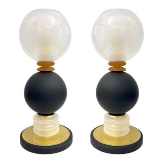 Pair of 1980s Vintage Italian Frosted White Matte Black Glass Sphere Table Lamps For Sale