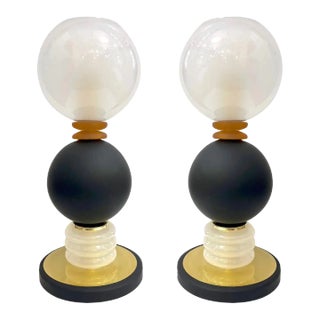 Pair of 1980s Vintage Italian Frosted White Matte Black Glass Sphere Table Lamps For Sale