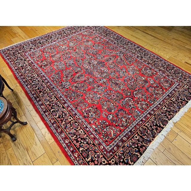 1900 - 1909 Antique Persian Sarouk Area Rug, Hand-Knotted Wool, Allover Floral Pattern, 9x11, Red & Navy For Sale - Image 5 of 16