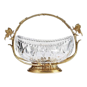 Crystal Glass & Brass Butterfly Engraved European Luxury Fruit Basket