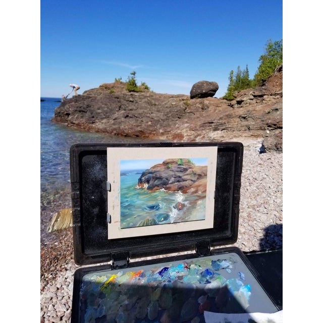 Contemporary Presque Isle (Day 83) June 7, 2022 by Primary Hughes | Oil on masonite Seascape with rocky shore For Sale - Image 3 of 5