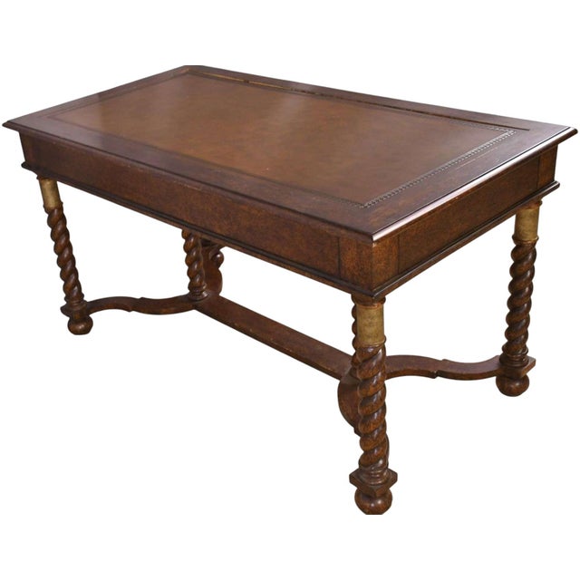French Vintage Hekman Furniture Barley Twist Desk With Tooled Leather Top - 56" X 30" X 30" For Sale - Image 3 of 7