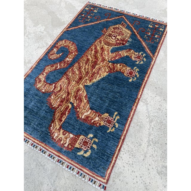 Art Deco Blue Gold Hand Knotted Tibetan Tiger Pictorial Wool Rug, 03'01 X 04'08 For Sale - Image 3 of 10