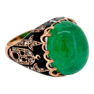 Antique Ottoman Gold Ring — 12ct Natural Emerald & Diamonds | 19th Century, Size 6 For Sale