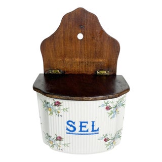 Vintage French Ceramic and Wood Salt Box, 1970 For Sale