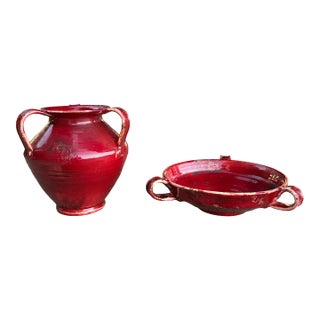 Stunning Set of 2 Fortunata Tuscany Rustic Italian Pottery Pieces - Large Vase and Bowl For Sale