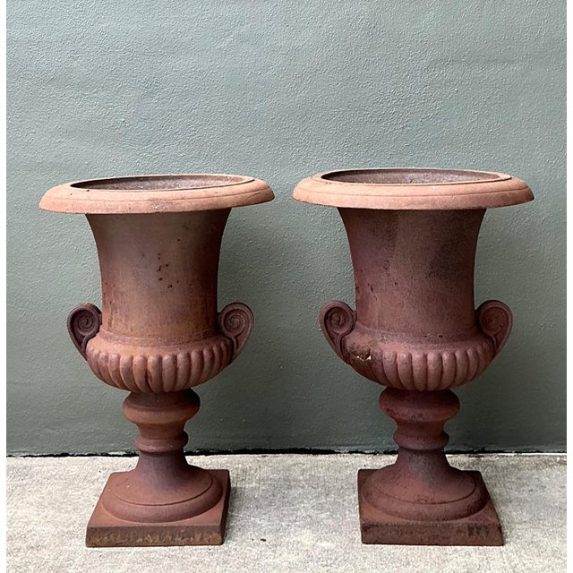 Victorian Vintage Cast Iron Garden Urns - Pair For Sale - Image 3 of 18