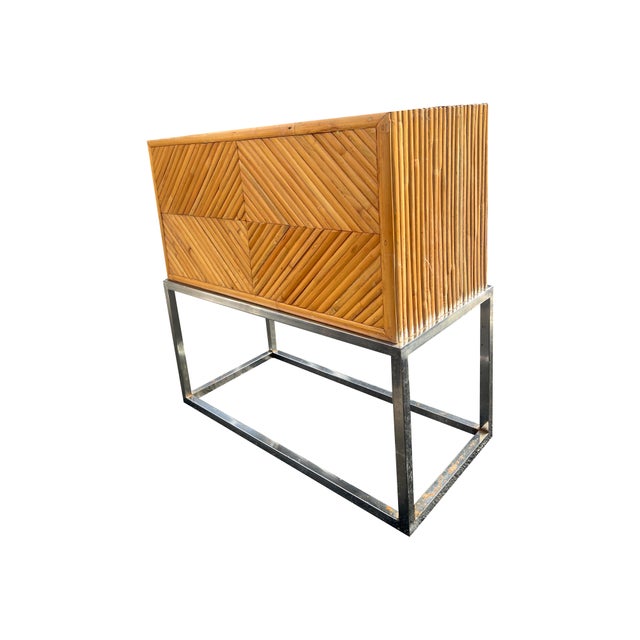 Chrome Milo Baughman Style Rattan Bamboo Cabinet on Chrome Base in Mid Century Modern Style For Sale - Image 8 of 10