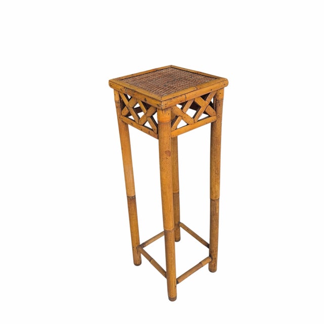 Vintage Bamboo With Woven Rattan Top Plant Stand, Side, Drink Table For Sale - Image 6 of 10