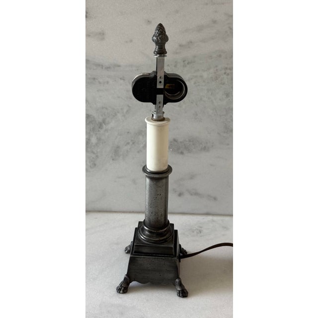 Metal Vintage Pewter Finish Small Table Lamp With Black Shade For Sale - Image 7 of 10