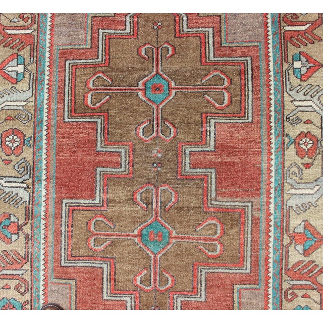 Mid 20th Century Vintage Turkish Oushak Rug in Warm Terracotta, Olive Brown, and Aqua Blue 4'2 X 7'5 For Sale - Image 5 of 9