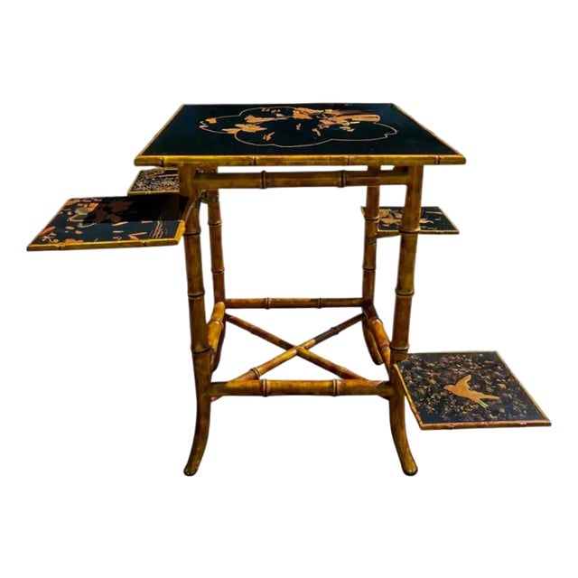 Regency Chinoiserie Burnt Bamboo Black Lacquer Plant Stand Side Table For Sale