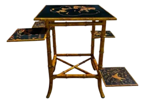 Regency Chinoiserie Burnt Bamboo Black Lacquer Plant Stand Side Table
