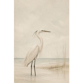 White Egret Coastal Study, Minimalist Bird Wall Art Print, 20" X 30" For Sale