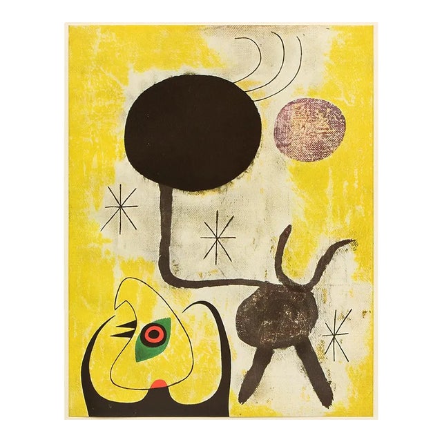 1940s After Juan Miró, "Woman and Birds in Front of the Sun" First Edition Offset Lithograph For Sale