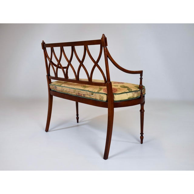 Goldenrod Mahogany Sheraton Style Caned Settee With Floral Silk Cushion, 1990s For Sale - Image 8 of 14