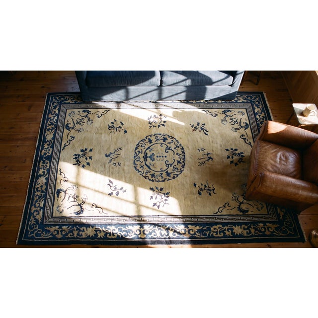 1920s Beige Medallion Greek Key Antique Chinese Peking Rug 6'2"x8'8" Wool Knotted Carpet For Sale - Image 11 of 12