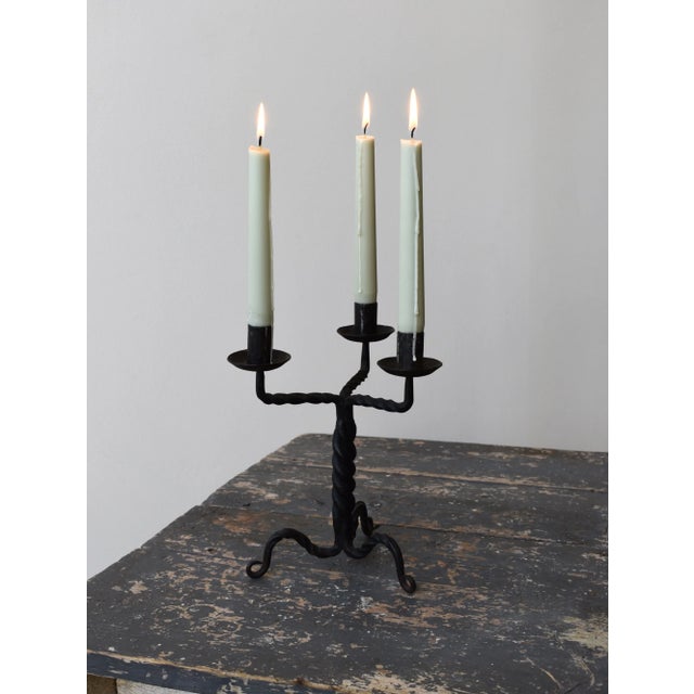 American Vintage Wrought Iron Twisted Tripod Candelabra, Circa Early-Mid 20th Century For Sale - Image 3 of 16