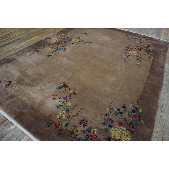 1920s Tan Taupe Garden Antique Chinese Art Deco Carpet 8'9" X 11'6" Handknotted Wool Rug For Sale - Image 10 of 15