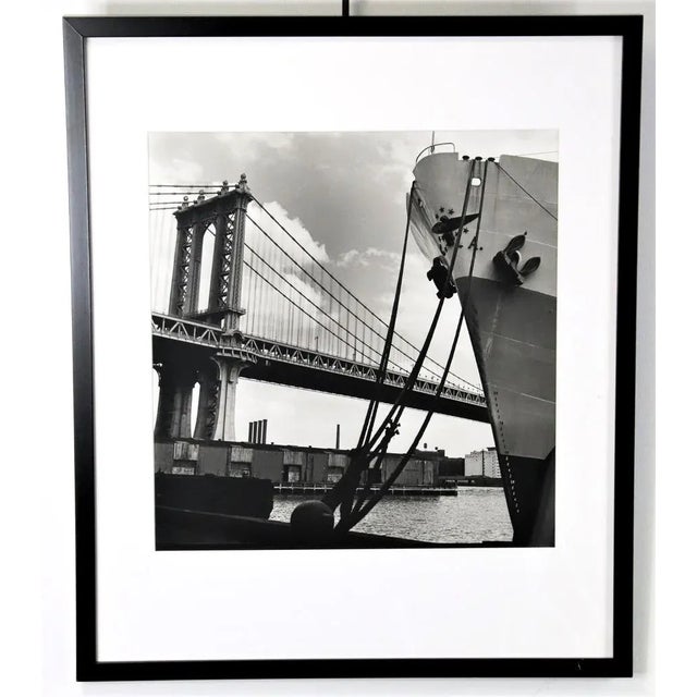 1990s Anchored Ship and Historic Bridge Original Photograph, Framed For Sale - Image 9 of 9